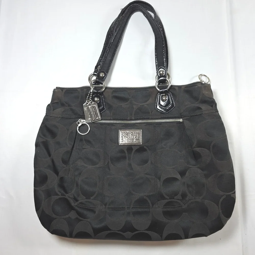 Coach Poppy Black Signature Sateen Glam Tote Bag Canvas Patent Leather 18351